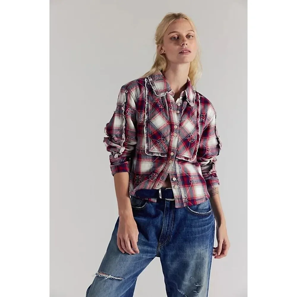 We The Free / Free People Georgia Plaid Embroidered Button Down